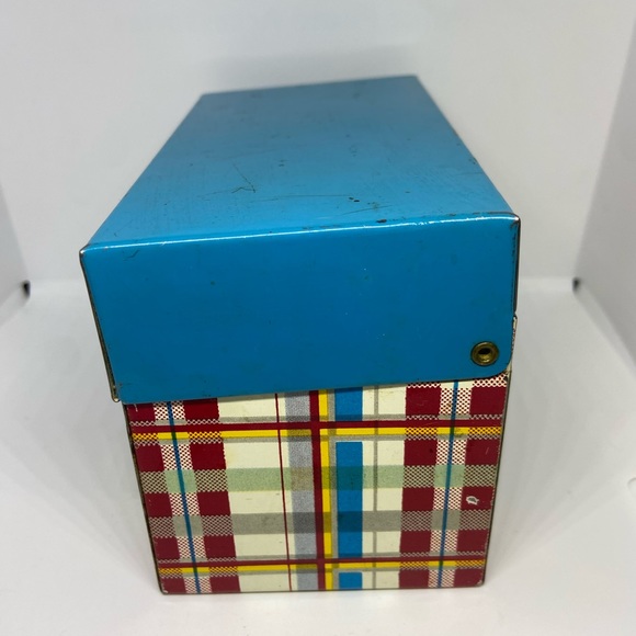 Vintage Tin 1950's Recipe Box Plaid Ohio Art Co Blue Red w/ Handwritten Recipes - Picture 4 of 8